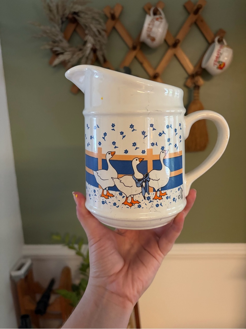 Vintage White Ceramic Goose Pitcher with Blue and Orange Motif
